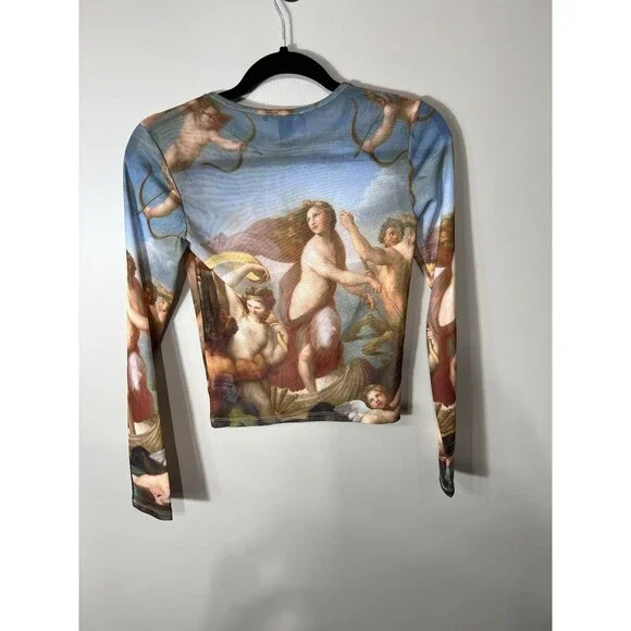 Forever 21 Ladies Crop Sheer Top Stretchy Renaissance Painting Long Sleeve Small - Picture 2 of 9